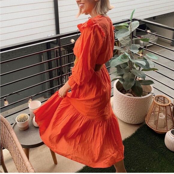 CLEOBELLA Marseilles Ruffled Sleeve Midi Dress in Red S - Picture 1 of 13